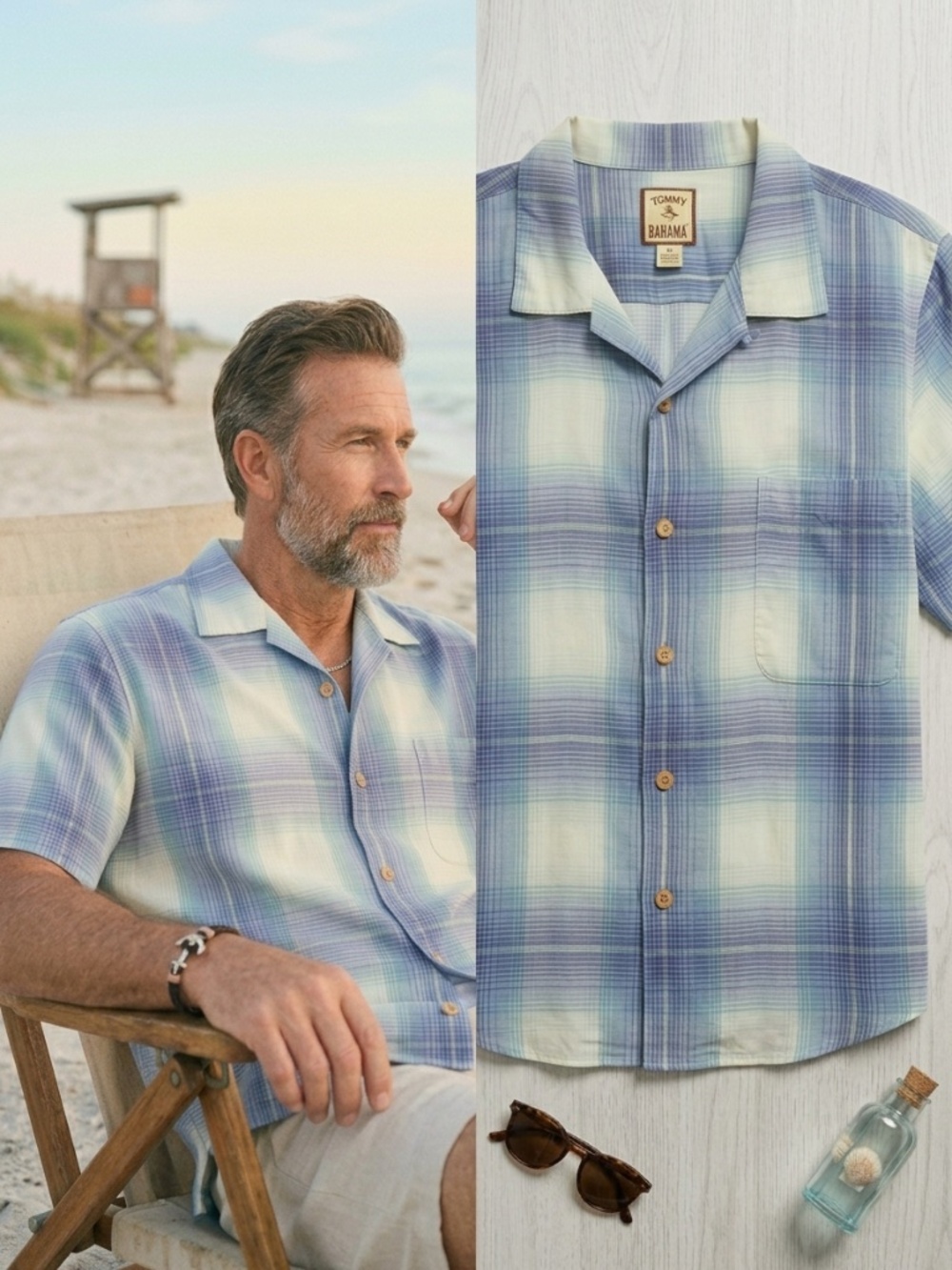 Tommy Bahama Men Plaid Silk Camp Shirt Blue Cream Size XL